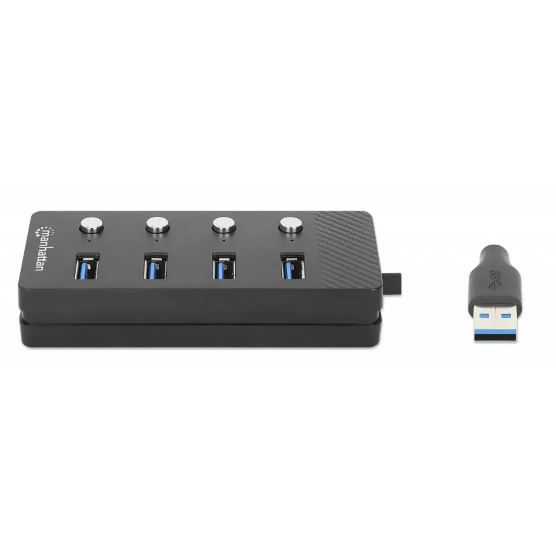 Manhattan USB-C Dock/Hub, Ports (x4) mit Ein-/Ausschalter für jeden Port: USB-A (x4), 5 Gbps (USB 3.2 Gen1 auch bekannt als USB 3.0), Universell für alle Geräte, Bus- oder AC-Stromversorgung (optionaler Anschluss, nicht im Lieferumfang enthalten), Kabel 1,5 m, SuperSpeed USB, Schwarz, Drei Jahre Garantie