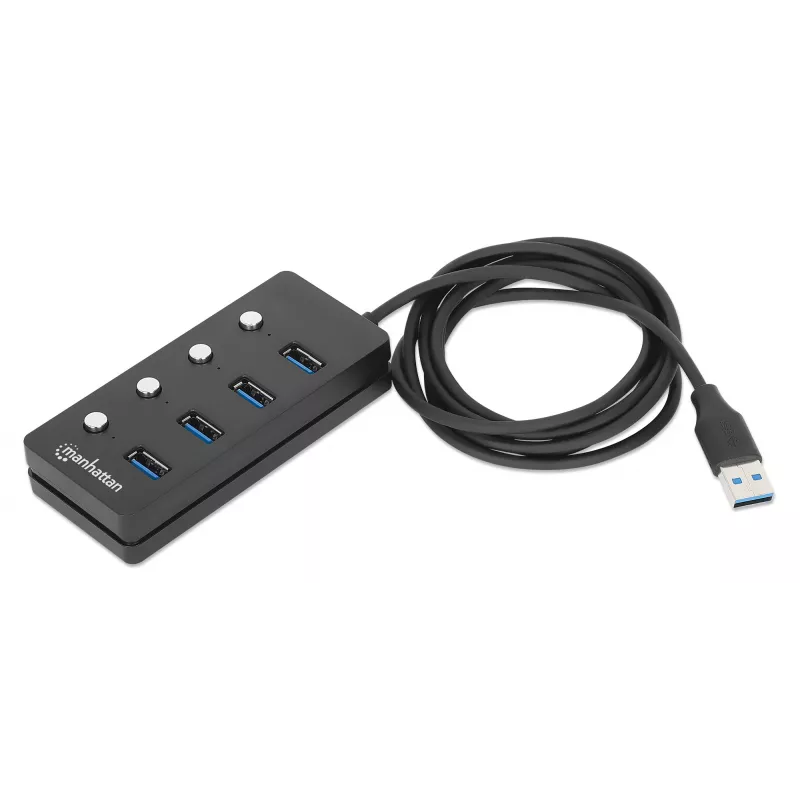 Manhattan USB-C Dock/Hub, Ports (x4) mit Ein-/Ausschalter für jeden Port: USB-A (x4), 5 Gbps (USB 3.2 Gen1 auch bekannt als USB 3.0), Universell für alle Geräte, Bus- oder AC-Stromversorgung (optionaler Anschluss, nicht im Lieferumfang enthalten), Kabel 1,5 m, SuperSpeed USB, Schwarz, Drei Jahre Garantie
