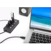 Manhattan USB-C Dock/Hub, Ports (x4) mit Ein-/Ausschalter für jeden Port: USB-A (x4), 5 Gbps (USB 3.2 Gen1 auch bekannt als USB 3.0), Universell für alle Geräte, Bus- oder AC-Stromversorgung (optionaler Anschluss, nicht im Lieferumfang enthalten), Kabel 1,5 m, SuperSpeed USB, Schwarz, Drei Jahre Garantie