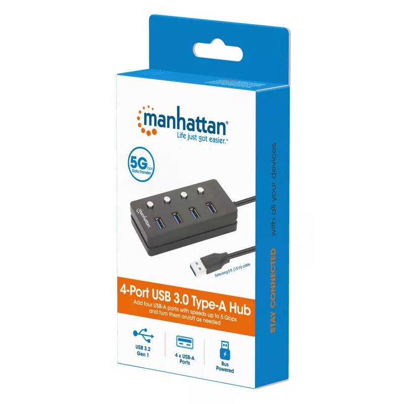 Manhattan USB-C Dock/Hub, Ports (x4) mit Ein-/Ausschalter für jeden Port: USB-A (x4), 5 Gbps (USB 3.2 Gen1 auch bekannt als USB 3.0), Universell für alle Geräte, Bus- oder AC-Stromversorgung (optionaler Anschluss, nicht im Lieferumfang enthalten), Kabel 1,5 m, SuperSpeed USB, Schwarz, Drei Jahre Garantie