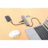 Manhattan USB-C Dock/Hub, Ports (x7): USB-A (x3) und USB-C (x4), mit Power Delivery (PD) 100 W – externes USB-C-Ladegerät erforderlich (nicht im Lieferumfang). USB-betrieben (kein externes Netzteil erforderlich), wenn PD nicht verwendet wird, Aluminium