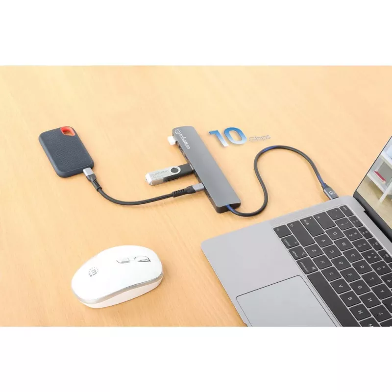 Manhattan USB-C Dock/Hub, Ports (x7): USB-A (x3) und USB-C (x4), mit Power Delivery (PD) 100 W – externes USB-C-Ladegerät erforderlich (nicht im Lieferumfang). USB-betrieben (kein externes Netzteil erforderlich), wenn PD nicht verwendet wird, Aluminium