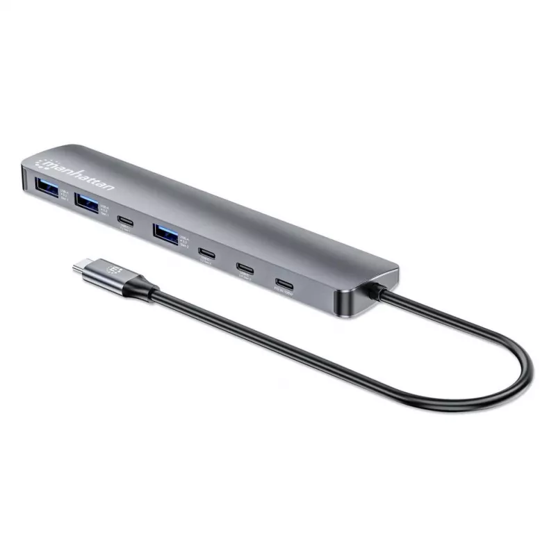 Manhattan USB-C Dock/Hub, Ports (x7): USB-A (x3) und USB-C (x4), mit Power Delivery (PD) 100 W – externes USB-C-Ladegerät erforderlich (nicht im Lieferumfang). USB-betrieben (kein externes Netzteil erforderlich), wenn PD nicht verwendet wird, Aluminium