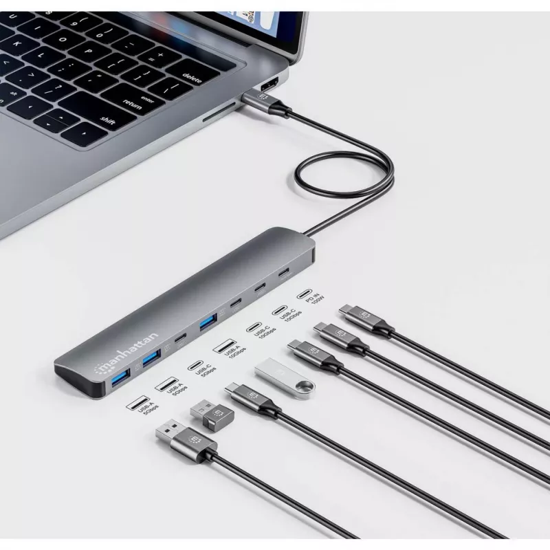 Manhattan USB-C Dock/Hub, Ports (x7): USB-A (x3) und USB-C (x4), mit Power Delivery (PD) 100 W – externes USB-C-Ladegerät erforderlich (nicht im Lieferumfang). USB-betrieben (kein externes Netzteil erforderlich), wenn PD nicht verwendet wird, Aluminium