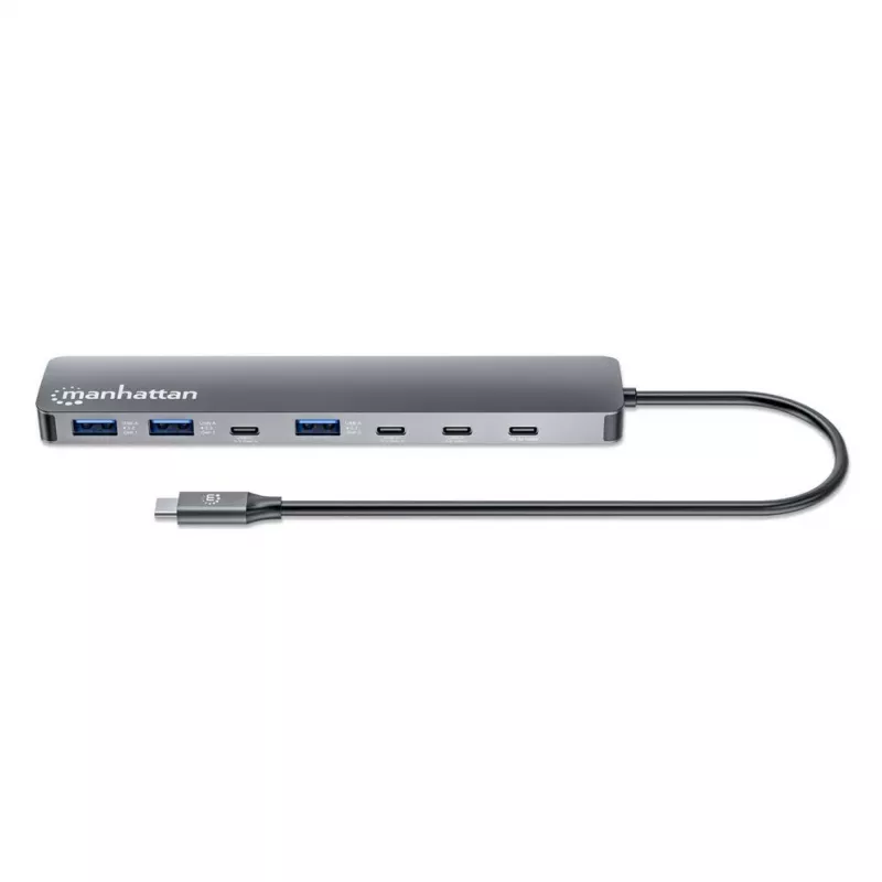 Manhattan USB-C Dock/Hub, Ports (x7): USB-A (x3) und USB-C (x4), mit Power Delivery (PD) 100 W – externes USB-C-Ladegerät erforderlich (nicht im Lieferumfang). USB-betrieben (kein externes Netzteil erforderlich), wenn PD nicht verwendet wird, Aluminium