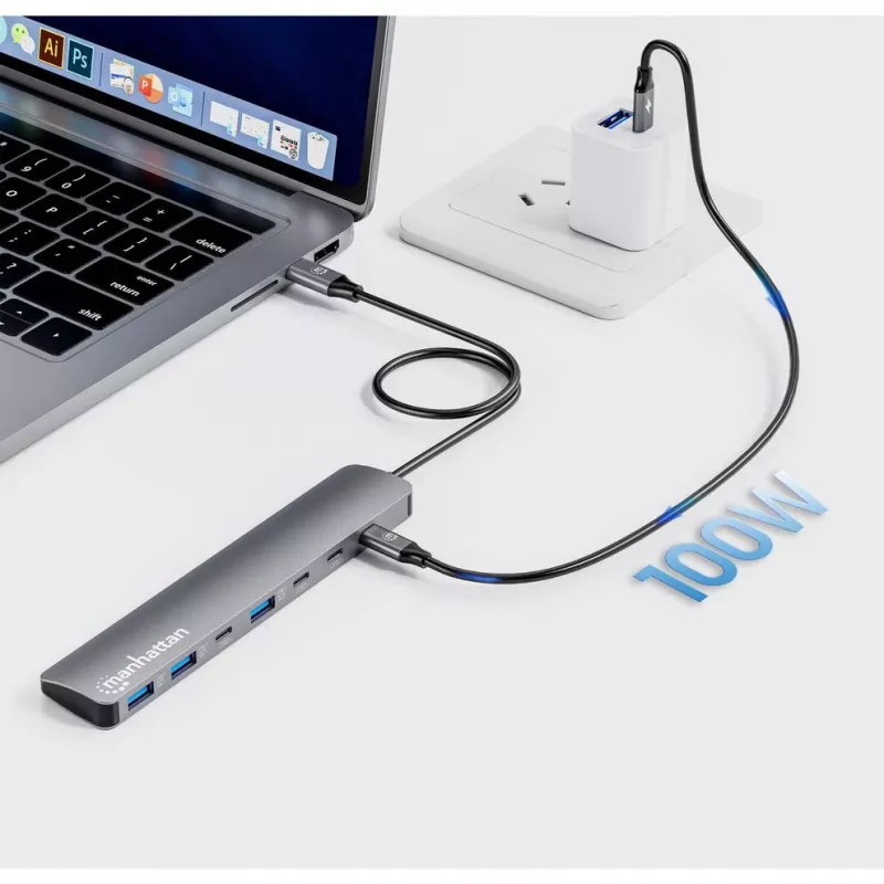 Manhattan USB-C Dock/Hub, Ports (x7): USB-A (x3) und USB-C (x4), mit Power Delivery (PD) 100 W – externes USB-C-Ladegerät erforderlich (nicht im Lieferumfang). USB-betrieben (kein externes Netzteil erforderlich), wenn PD nicht verwendet wird, Aluminium