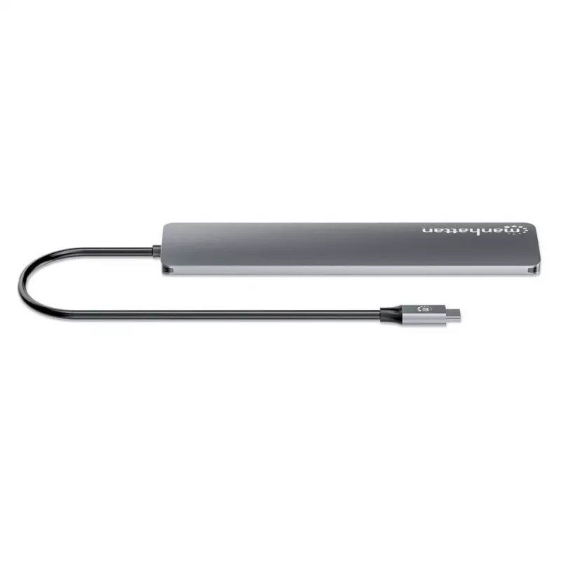Manhattan USB-C Dock/Hub, Ports (x7): USB-A (x3) und USB-C (x4), mit Power Delivery (PD) 100 W – externes USB-C-Ladegerät erforderlich (nicht im Lieferumfang). USB-betrieben (kein externes Netzteil erforderlich), wenn PD nicht verwendet wird, Aluminium