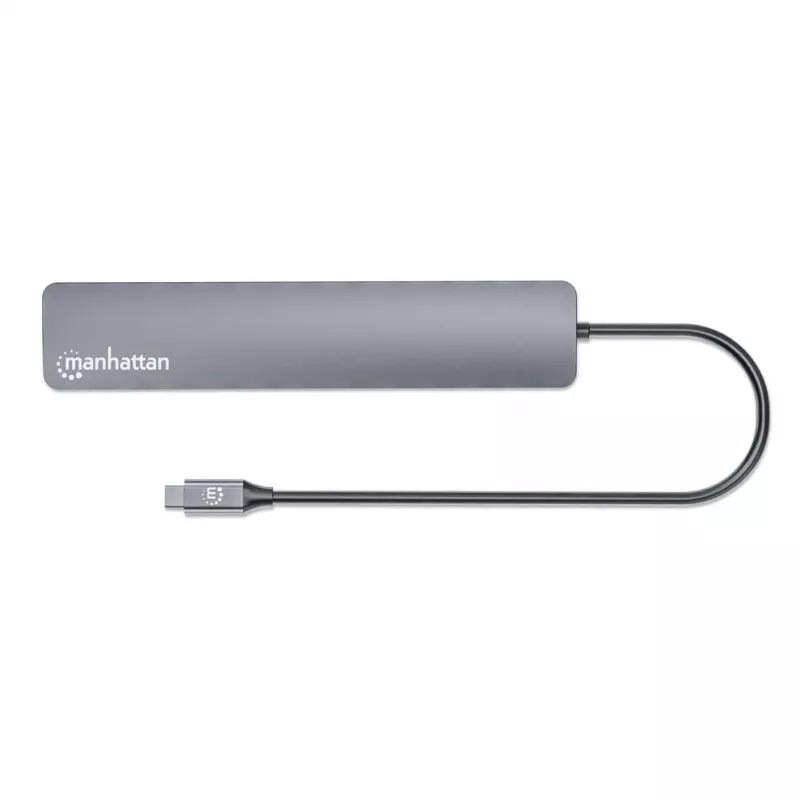 Manhattan USB-C Dock/Hub, Ports (x7): USB-A (x3) und USB-C (x4), mit Power Delivery (PD) 100 W – externes USB-C-Ladegerät erforderlich (nicht im Lieferumfang). USB-betrieben (kein externes Netzteil erforderlich), wenn PD nicht verwendet wird, Aluminium