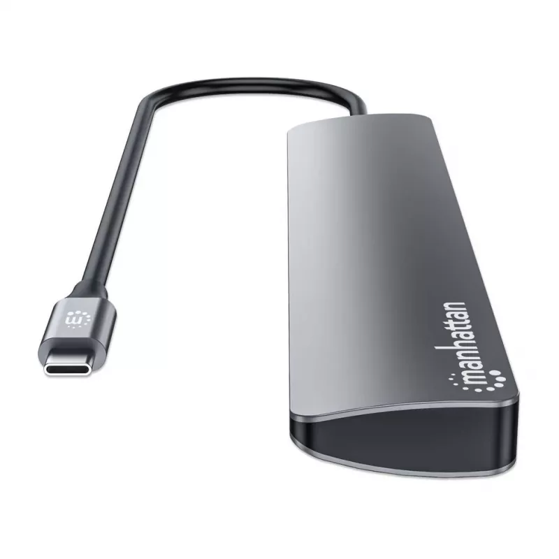 Manhattan USB-C Dock/Hub, Ports (x7): USB-A (x3) und USB-C (x4), mit Power Delivery (PD) 100 W – externes USB-C-Ladegerät erforderlich (nicht im Lieferumfang). USB-betrieben (kein externes Netzteil erforderlich), wenn PD nicht verwendet wird, Aluminium