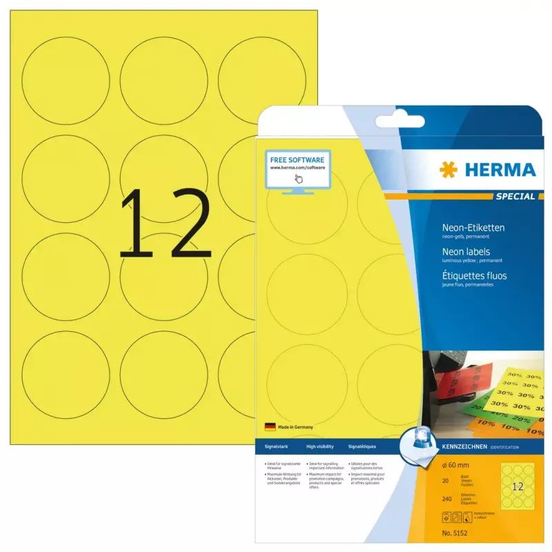 Selbstklebeetiketten HERMA Neon-Etiketten A4 Ø 60 mm rund leuchtgelb 240 Stück