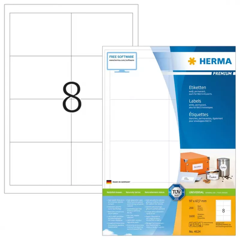 Etiketten HERMA Premium A4 97x67,7 mm weiß Papier matt 1600 Stück