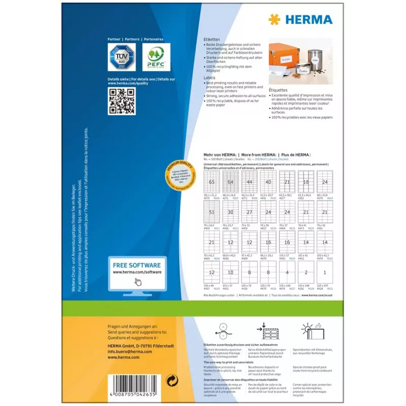Selbstklebende Druckeretiketten HERMA Premium A4 70x33,8 mm 2400 Stück