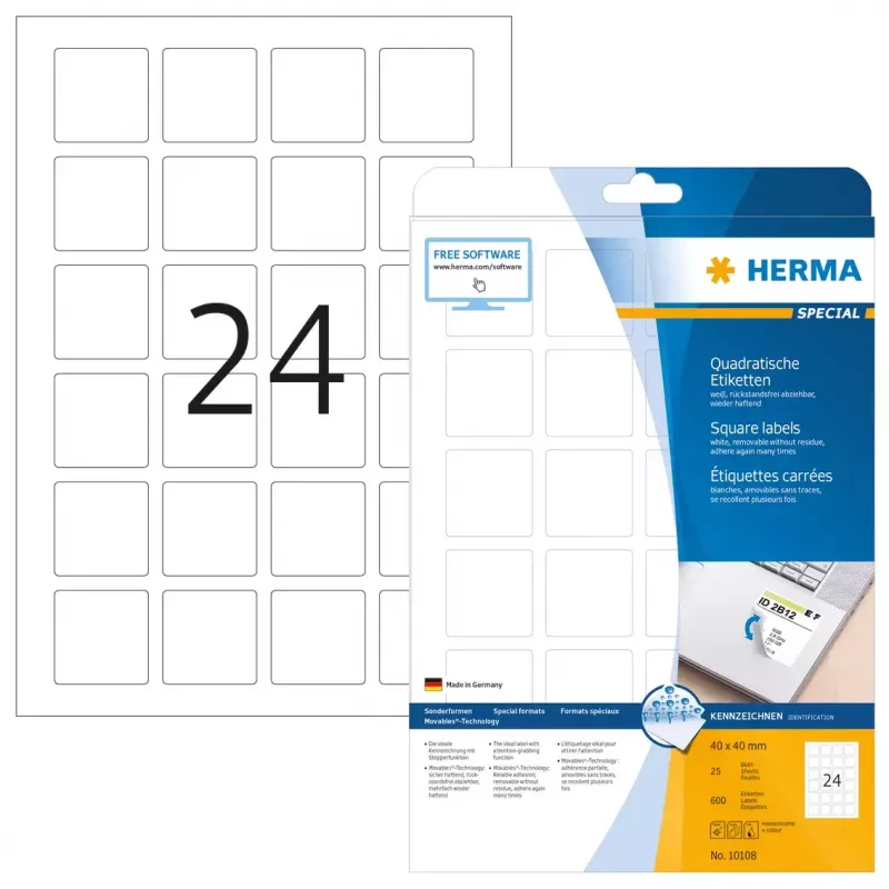 Wiederablösbare Etiketten HERMA 10108 A4 40x40 mm quadratisch weiß