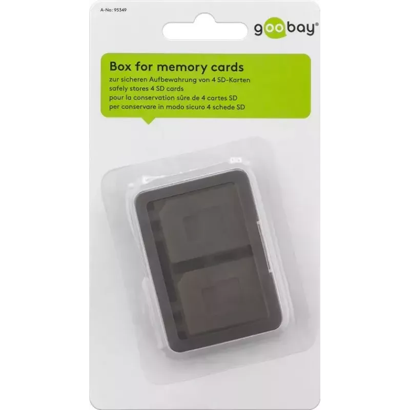 Speicherkarten-Aufbewahrungsbox GOOBAY 95349 — fasst 4 Karten, kompatibel mit SD/MicroSD/MMC, grau-transparenter Kunststoff