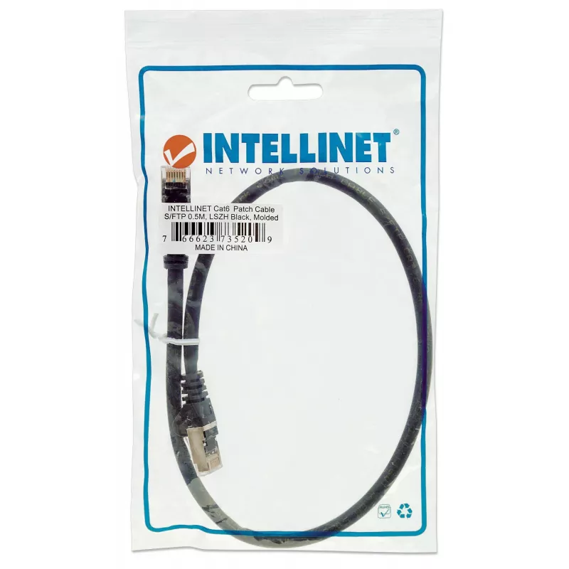 Intellinet Netzwerk-Patchkabel, Cat6, 0,5 m, Schwarz, Kupfer, S/FTP, LSOH/LSZH, PVC, RJ45, vergoldete Kontakte, rastnasenlos, mit Tüllenschutz, lebenslange Garantie