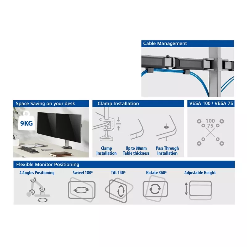 ACT Dual-Monitorarm Büro silber Klemme/Tischdurchführung 18 kg 17-32 Zoll