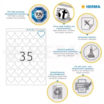 HERMA 10790 selbstklebendes Etikett Herz Permanent Weiß 350 Stück