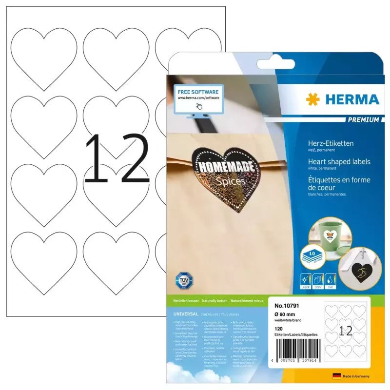HERMA 10791 selbstklebende Etiketten Herz Permanent Weiß 120 Stück
