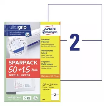 Selbstklebende Druckeretiketten AVERY 6604 Weiß A4 21x14,8 cm 130 Etiketten