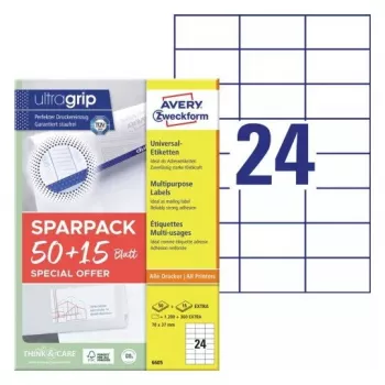 Selbstklebendes Druckeretikett AVERY 6605 Weiß 7x3,7 cm 1560 Etiketten