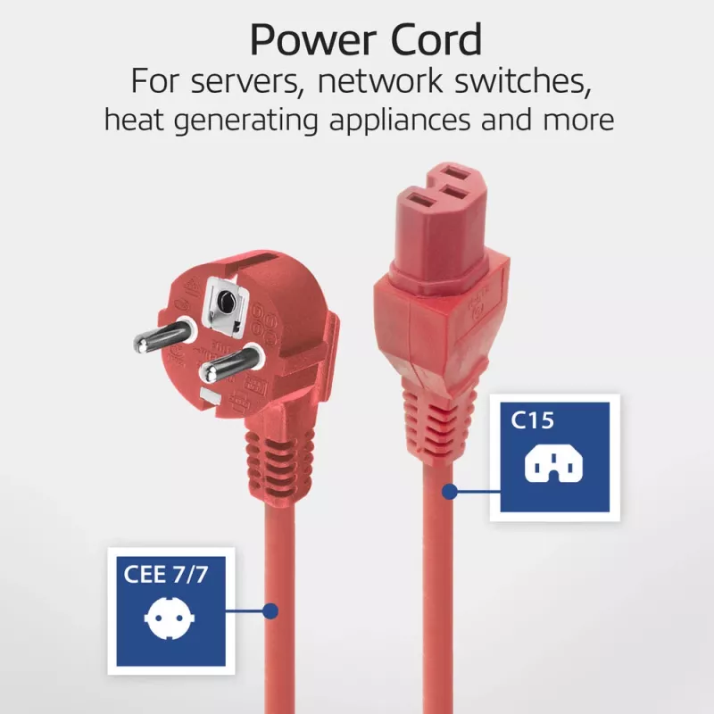 ACT Netzkabel Hauptanschluss CEE 7/7 Stecker (gewinkelt) – C15 rot 1,5 m