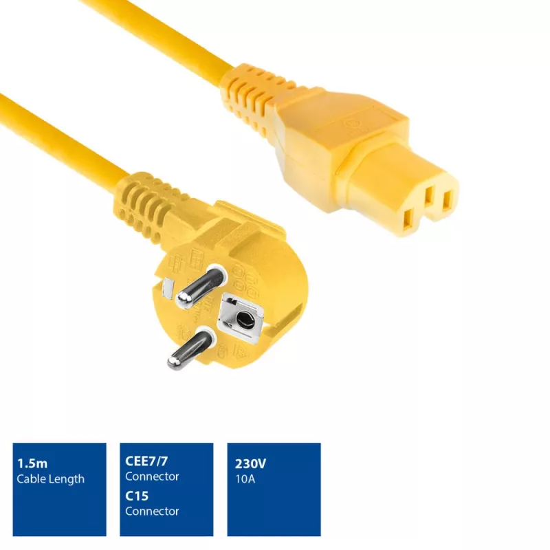 ACT Netzkabel Netzstecker CEE 7/7 Stecker (gewinkelt) - C15 gelb 1,5 m