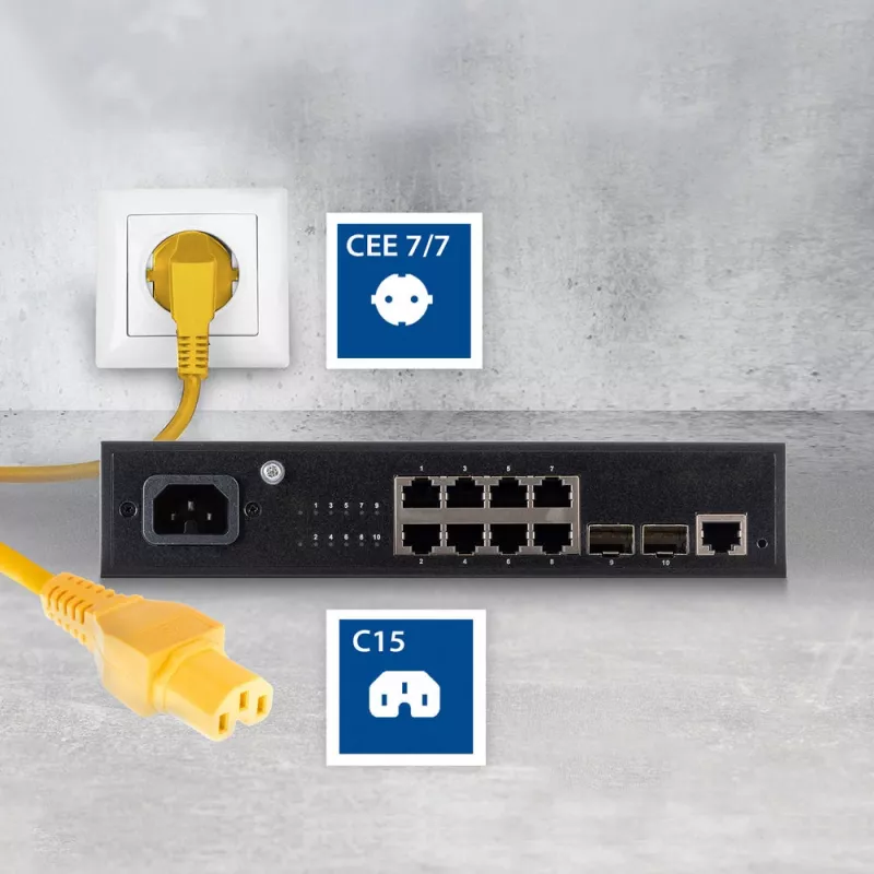 ACT Netzkabel Netzstecker CEE 7/7 Stecker (gewinkelt) - C15 gelb 1,5 m