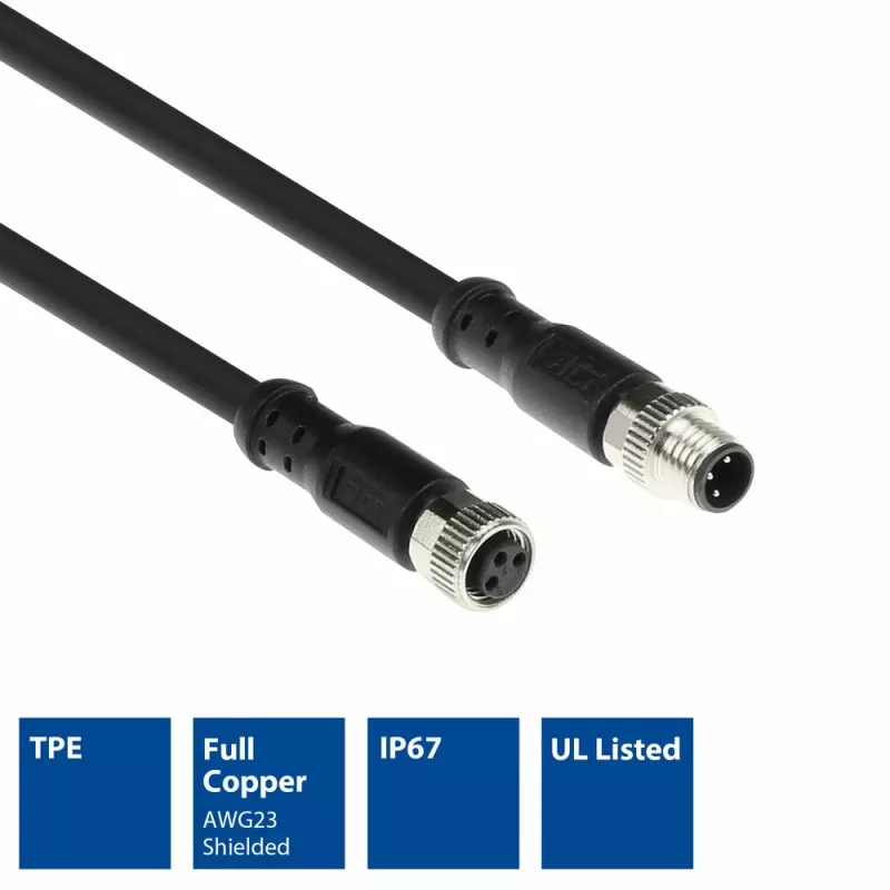ACT Industrial 5,00 Meter Sensorkabel M8A 3-polig Stecker auf M8A 3-polig Buchse, Ultraflex Xtreme TPE-Kabel, geschirmt