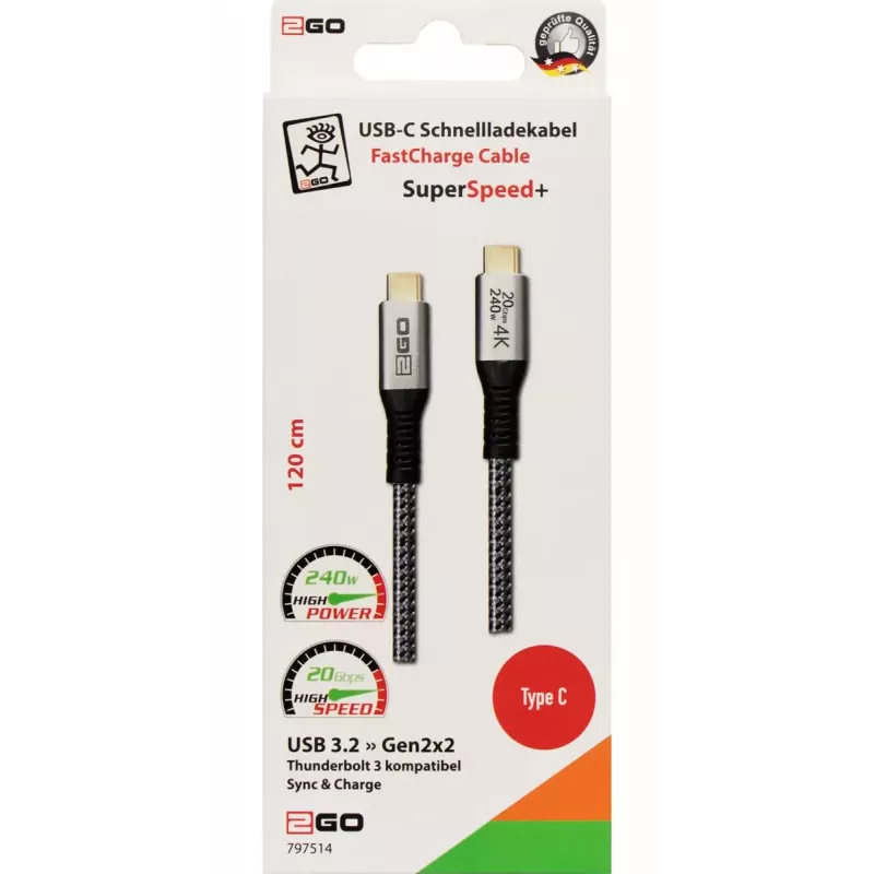 USB-Kabel 2GO 797514 USB 3.2 Gen 2x2 1,2 m USB-C Schwarz Silber