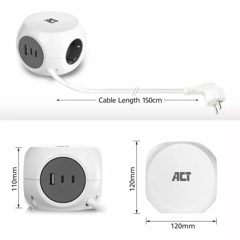 ACT AC2420 Stromverlängerung 1,5 m 3 AC-Steckdosen Innenbereich Weiß