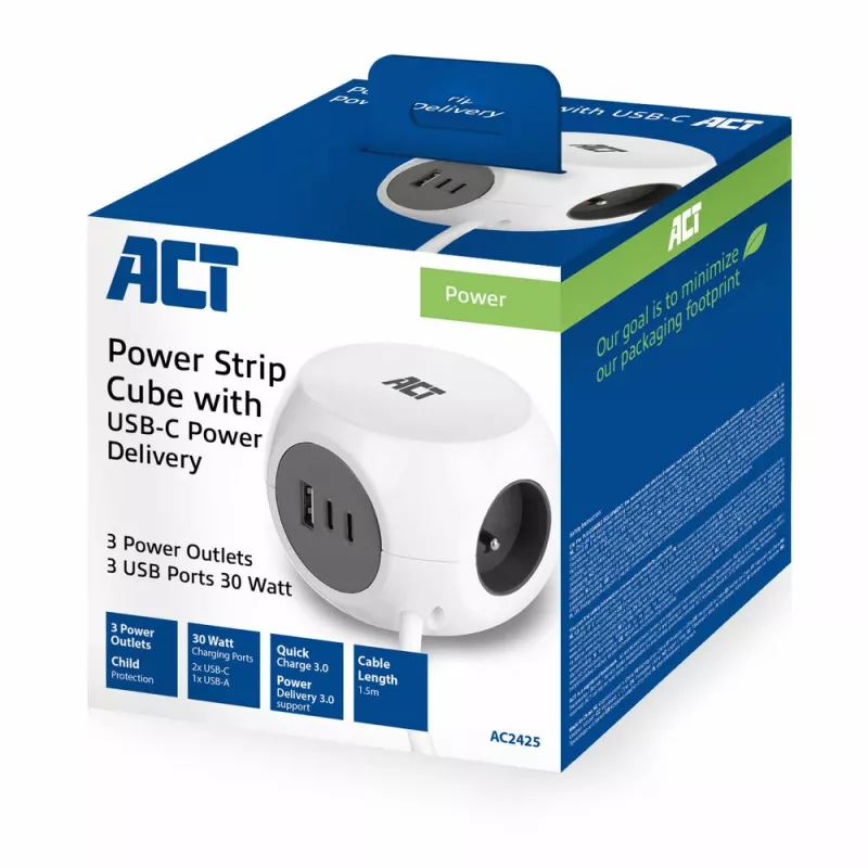 ACT AC2425 Stromverlängerung 1,5 m 3 AC-Steckdosen Innenbereich Weiß