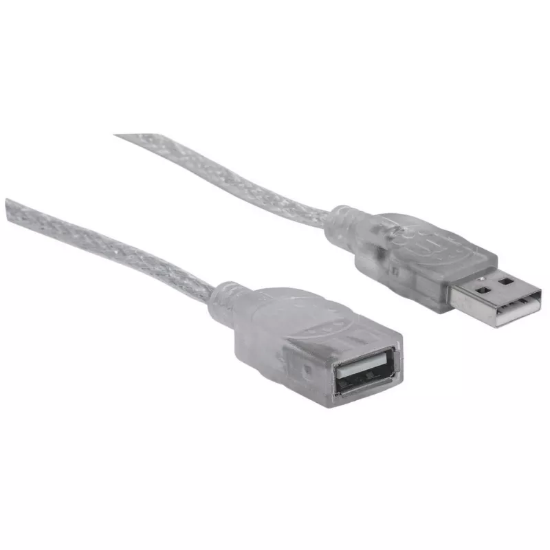 Manhattan USB-A auf USB-A Verlängerungskabel, 1,8 m, Stecker auf Buchse, 480 Mbit/s (USB 2.0), Hi-Speed USB, durchscheinendes Silber, lebenslange Garantie