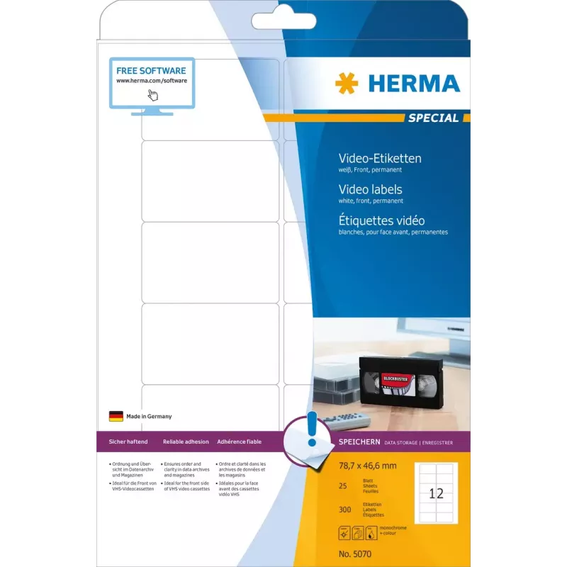Selbstklebendes Druckeretikett HERMA Videoetiketten A4 78,7x46,6 mm