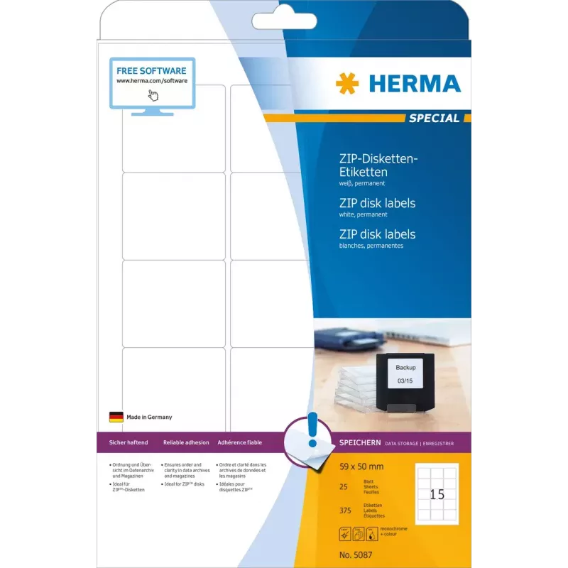 Labels HERMA ZIP diskettes A4 59x50 mm weißes Papier matt 375 Stk.