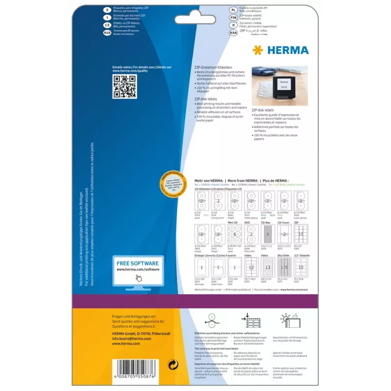 Labels HERMA ZIP diskettes A4 59x50 mm weißes Papier matt 375 Stk.