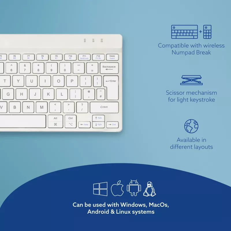 R-Go Tools Ergonomische Tastatur R-Go Compact Break, kompakte Tastatur mit Pausensoftware, QWERTY (UK), Bluetooth, weiß