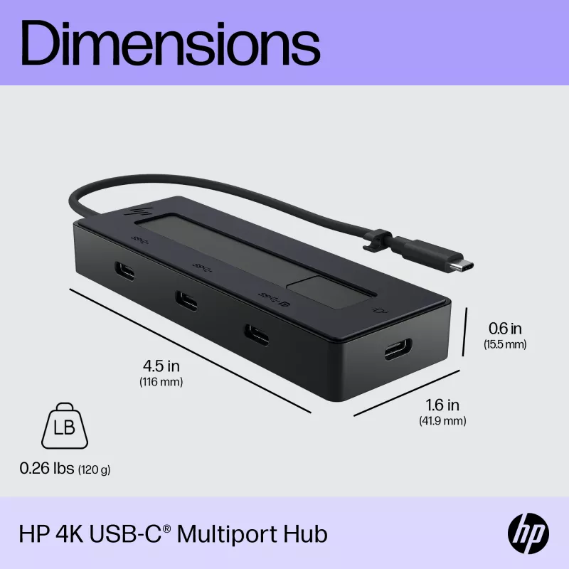 HP 4K USB-C Multiport Hub, USB Type-C, USB Type-C, 10000 Mbit/s, 3840 x 2160, Schwarz, 65 W