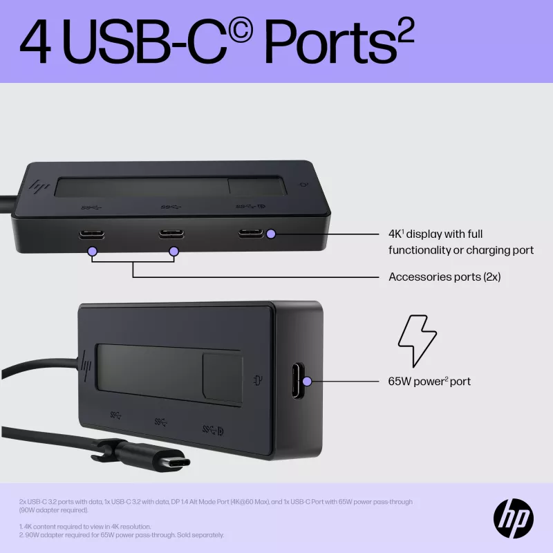 HP 4K USB-C Multiport Hub, USB Type-C, USB Type-C, 10000 Mbit/s, 3840 x 2160, Schwarz, 65 W