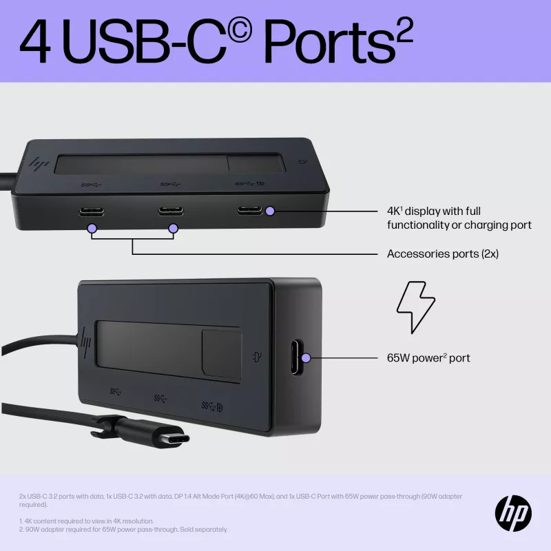 HP 4K USB-C Multiport Hub, USB Type-C, USB Type-C, 10000 Mbit/s, 3840 x 2160, Schwarz, 65 W