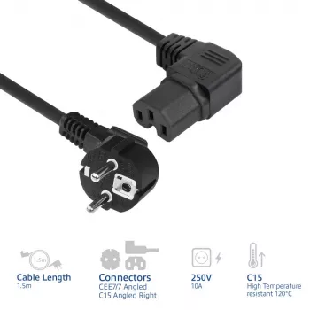 ACT Netzkabel CEE 7/7 Stecker (gewinkelt) - C15 (gewinkelt rechts) IEC60320 schwarz 1,5 m