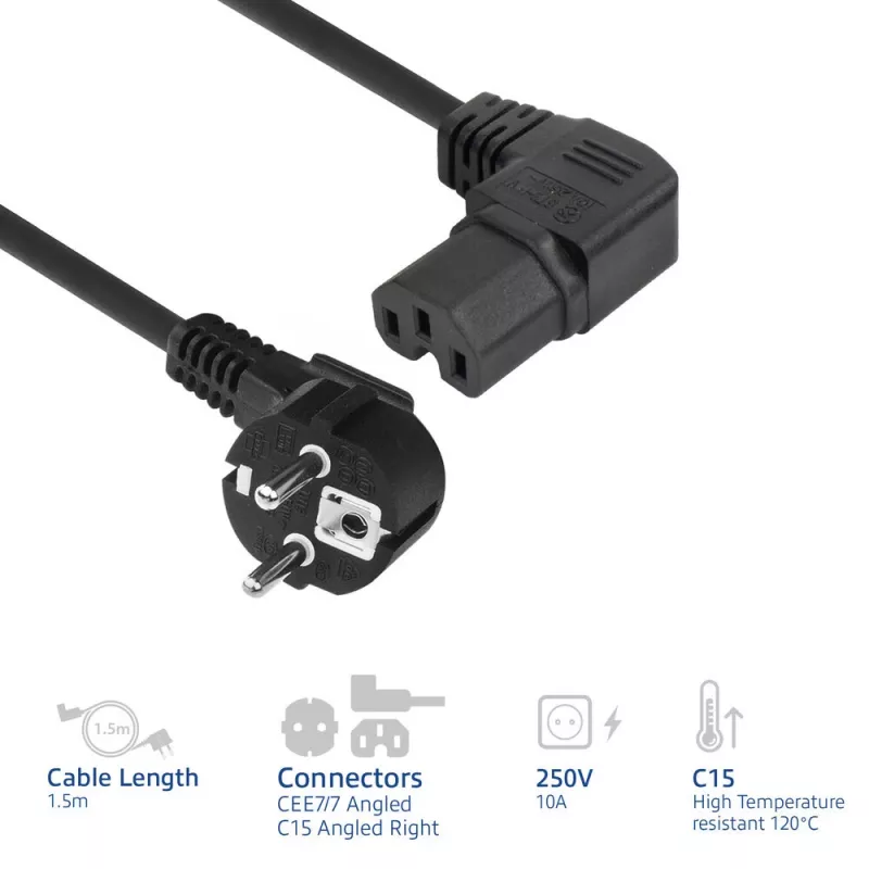 ACT Netzkabel CEE 7/7 Stecker (gewinkelt) - C15 (gewinkelt rechts) IEC60320 schwarz 1,5 m
