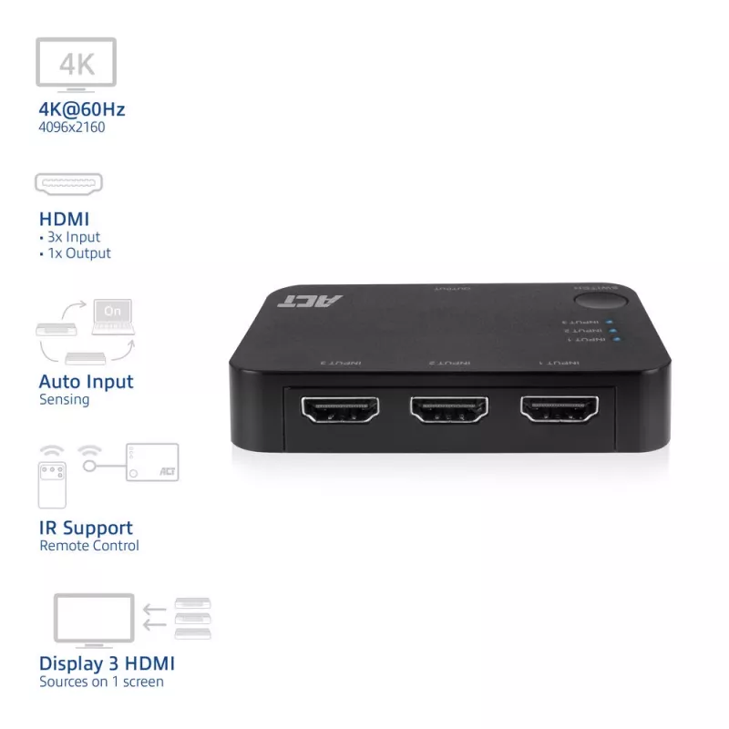 ACT 4K HDMI Switch 3x1 Schwarz 60Hz 1920x1080 3840x2160