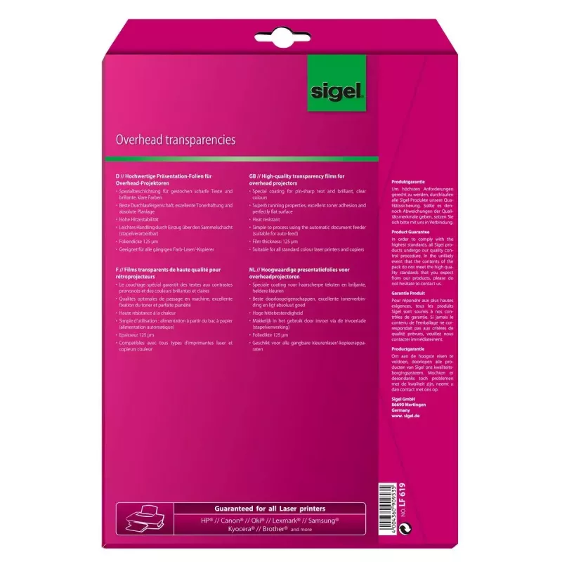 Druckerfolie Laser Sigel LF619 A4 20 Blatt Transparent