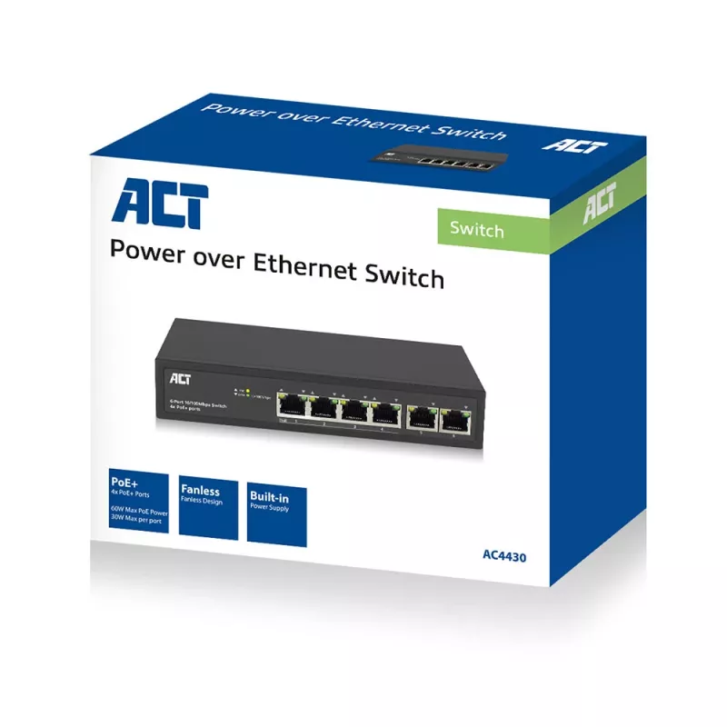 ACT 6-Port-Netzwerk-Switch, 10/100 Mbit/s, 4x PoE+ (30 W) Port