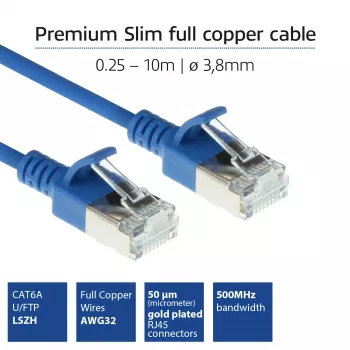 ACT Blaues 2-Meter LSZH U/FTP CAT6A Datacenter Slimline Patchkabel mit Rastnasenschutz und RJ45-Steckern