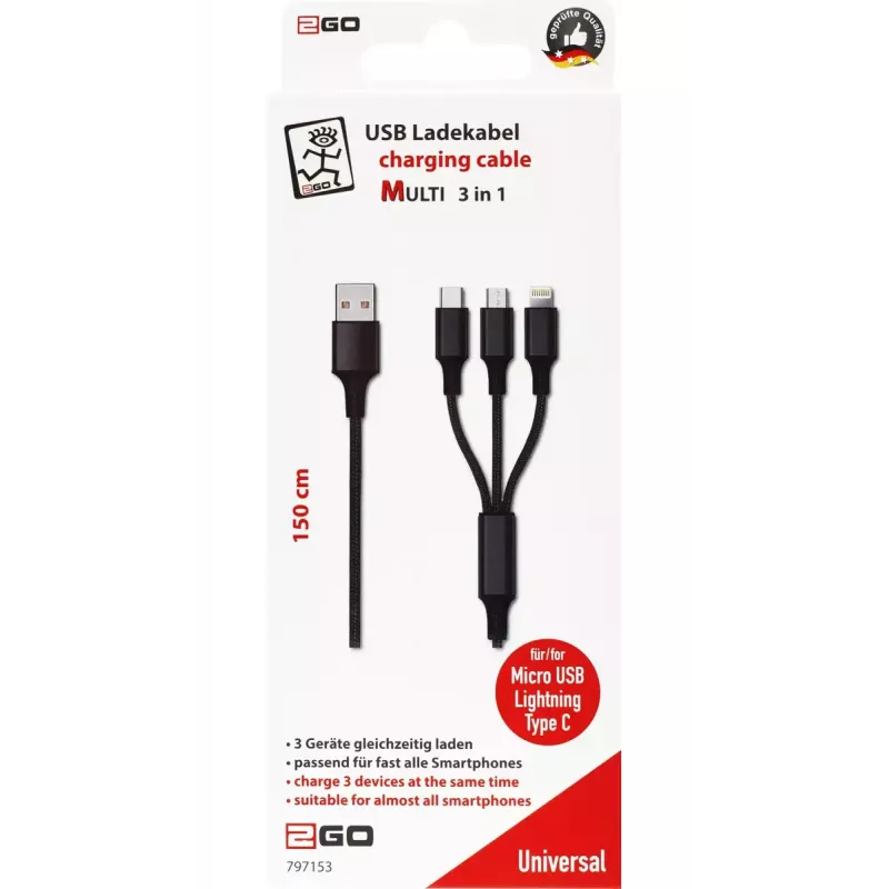 USB-Kabel 2GO 797153 1,5 m USB-B auf USB-C/Micro-USB-B/Lightning Schwarz