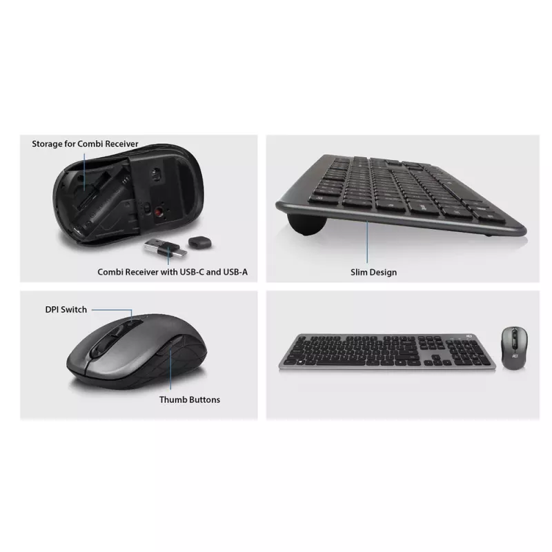 ACT Wireless Tastatur- und Maus-Set, USB-C/USB-A-Kombi-Empfänger (Qwerty/US-Layout)