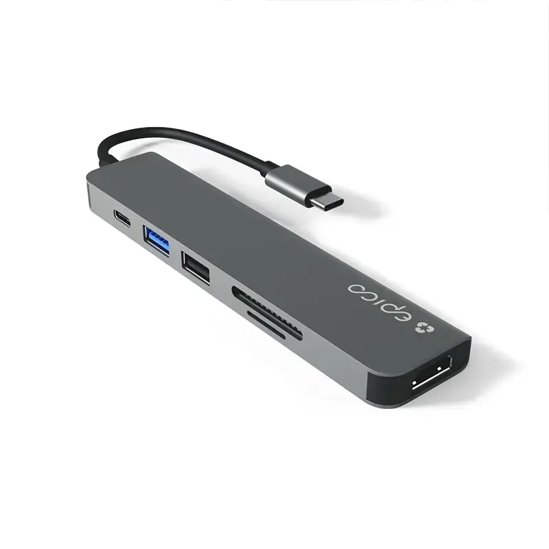 Interface-Hub Epico 9915112100080 — USB-Typ-C-Host, HDMI, USB 2.0, USB-Typ-C, MicroSD-/SD-Kartenleser, Aluminium/TPU, grau
