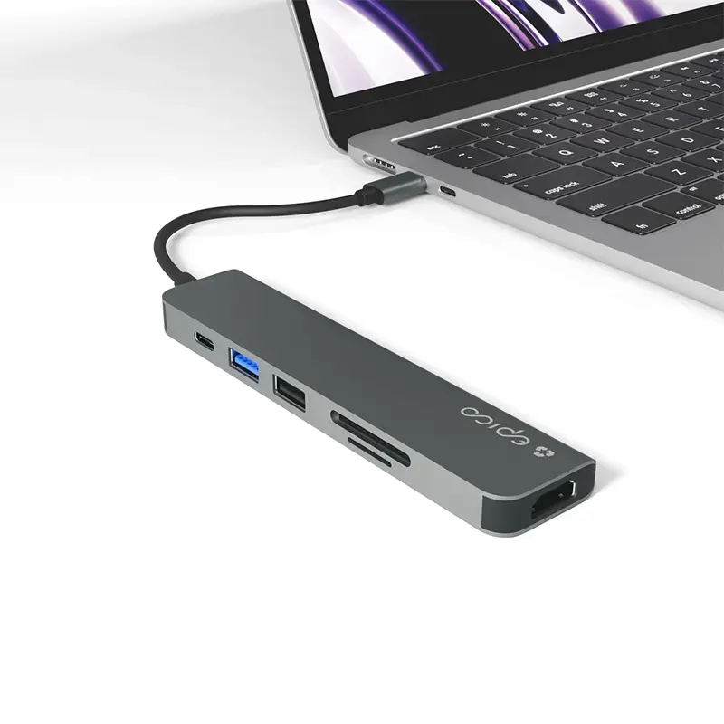 Interface-Hub Epico 9915112100080 — USB-Typ-C-Host, HDMI, USB 2.0, USB-Typ-C, MicroSD-/SD-Kartenleser, Aluminium/TPU, grau