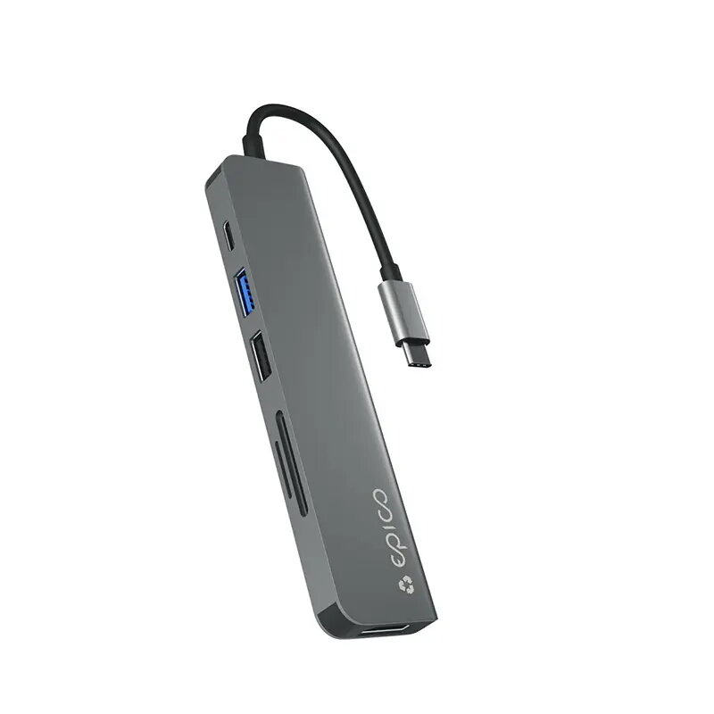 Interface-Hub Epico 9915112100080 — USB-Typ-C-Host, HDMI, USB 2.0, USB-Typ-C, MicroSD-/SD-Kartenleser, Aluminium/TPU, grau